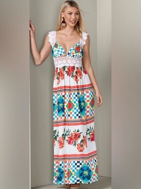 Venus White Floral & Geometric Lace-Detail Maxi Dress size M